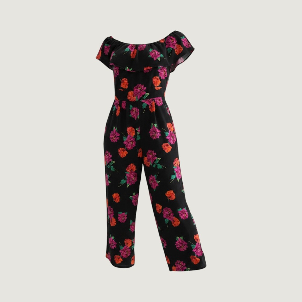 Torrid Floral Off Shoulder Wide Leg Jumpsuit Black Pink Orange Size 0 L 12